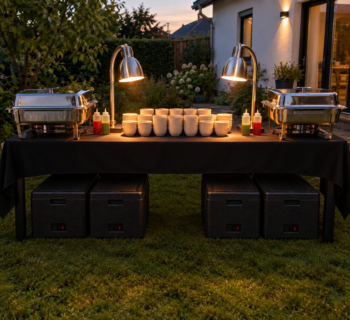 AI-generated illustration: food station seen from the chef side, with chafing dishes, stacked bowls and thermal boxes under the table