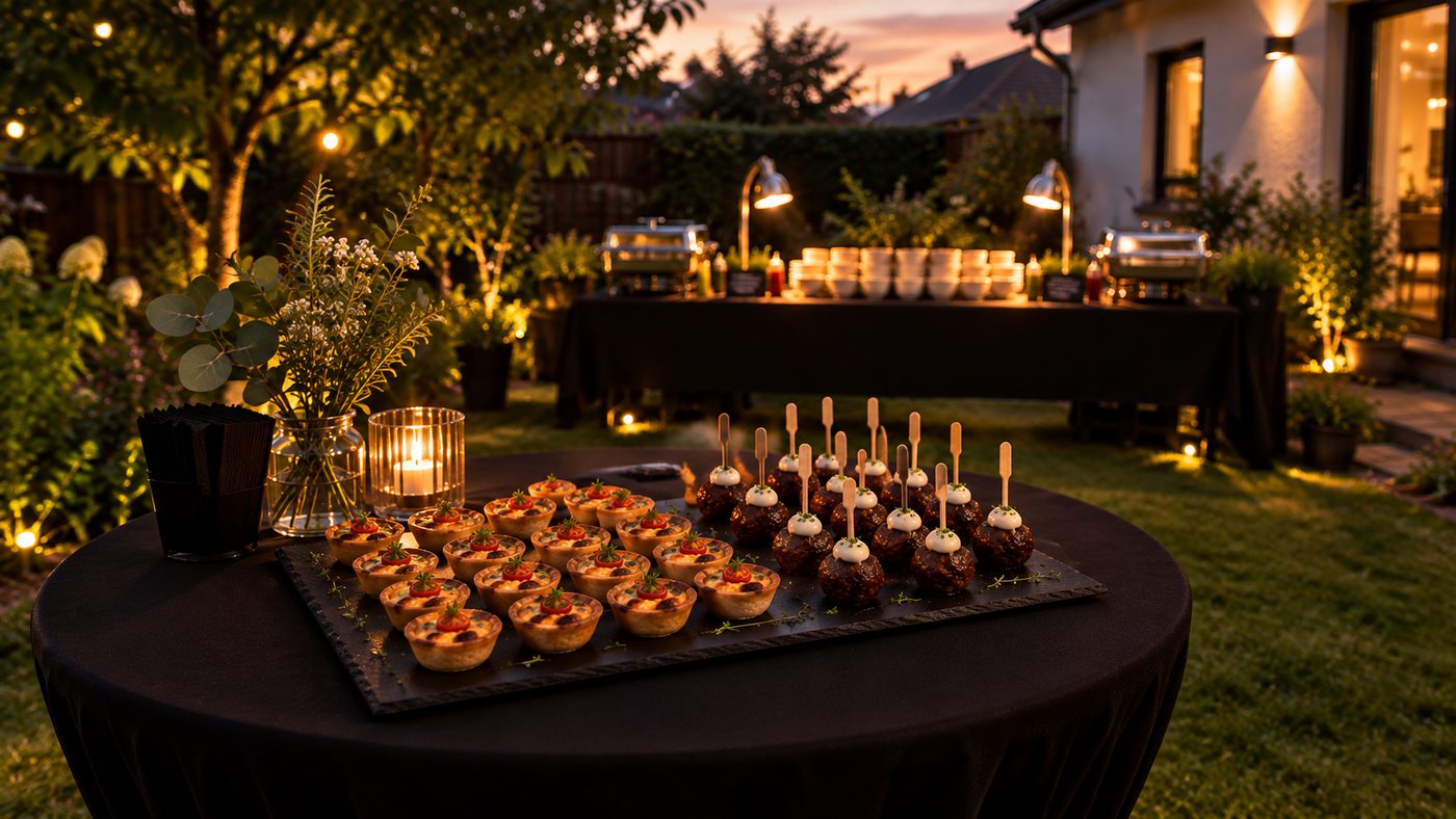 AI-generated illustration: fingerfood platters on a bar table in a garden, food station in the background