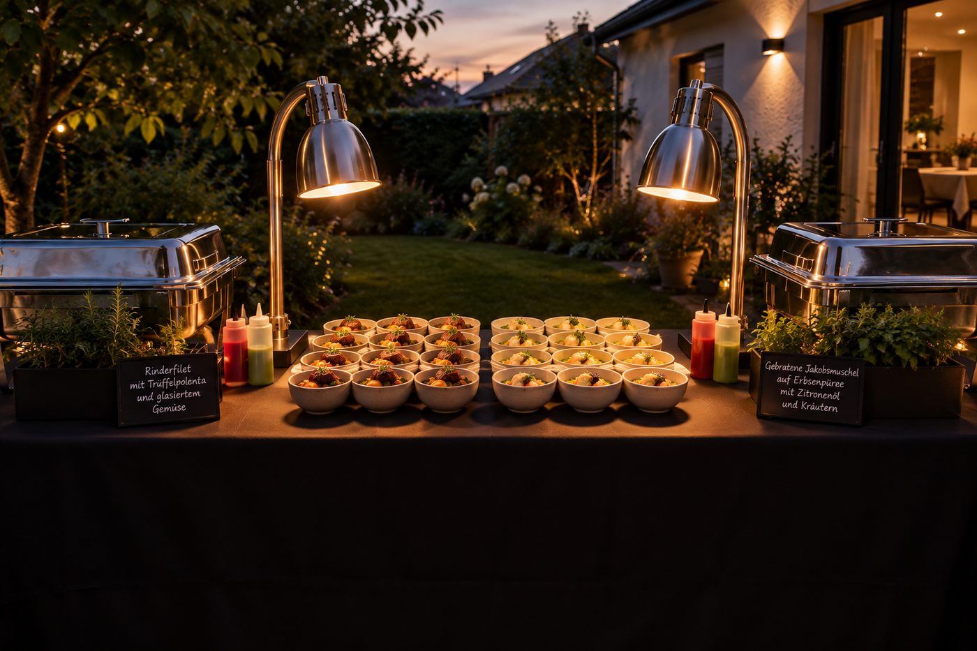 AI-generated illustration: food station in a garden at dusk, seen from the guest side, with two dishes in small bowls under heat lamps