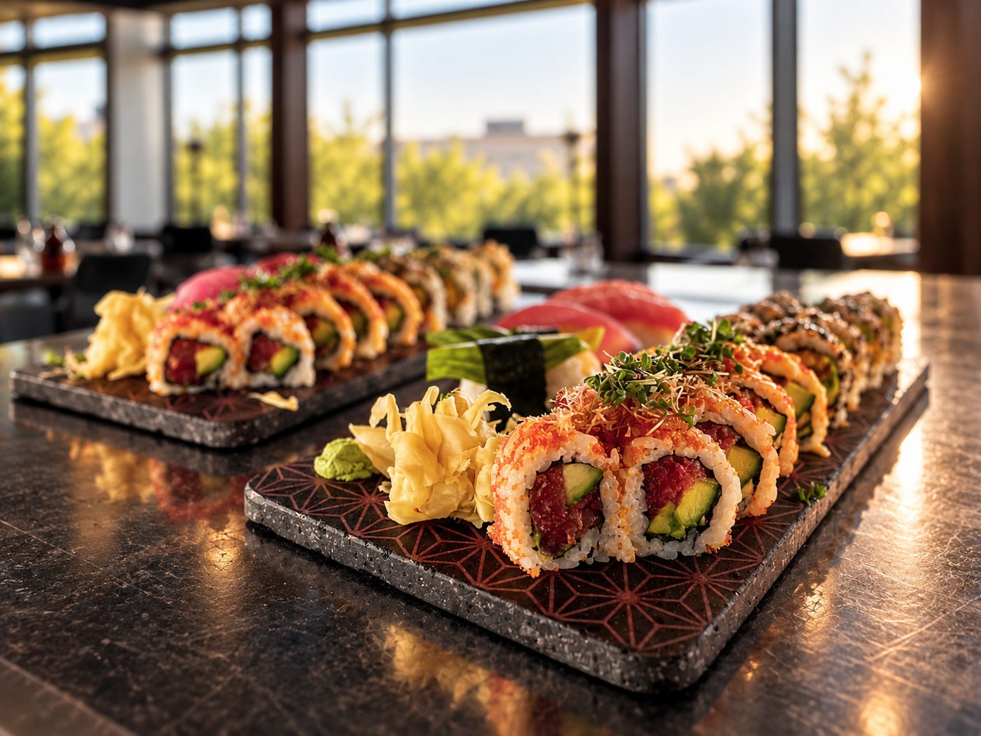 Sushi platters with maki and nigiri, ginger and wasabi on stone slates by large windows