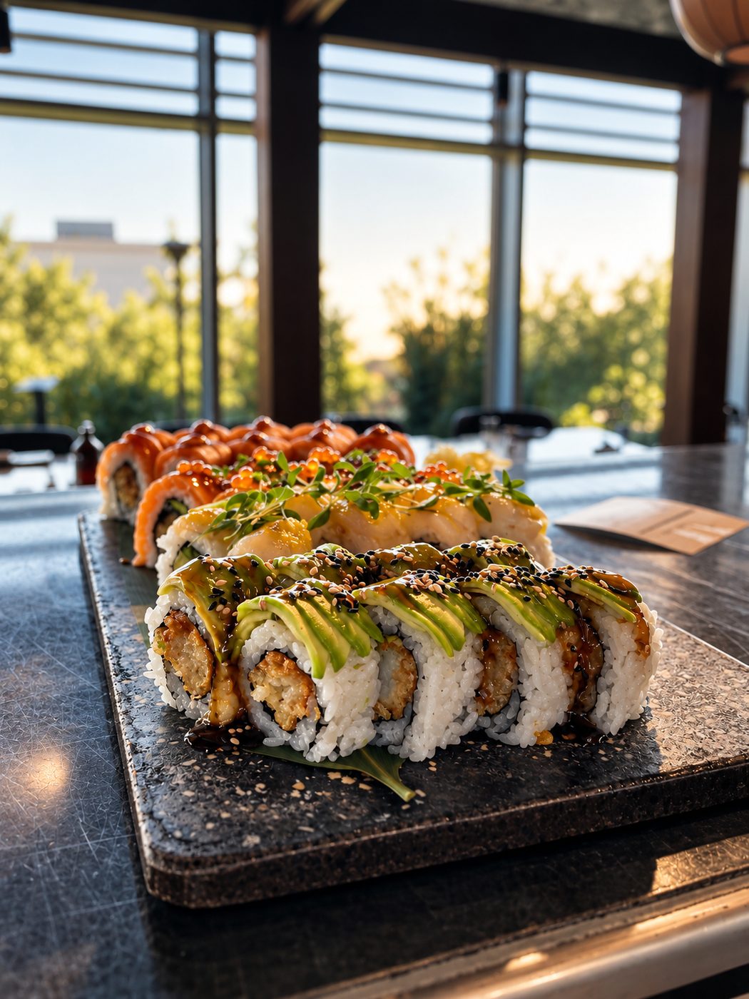 Sushi rolls with avocado and tempura filling on a stone slate, salmon rolls behind