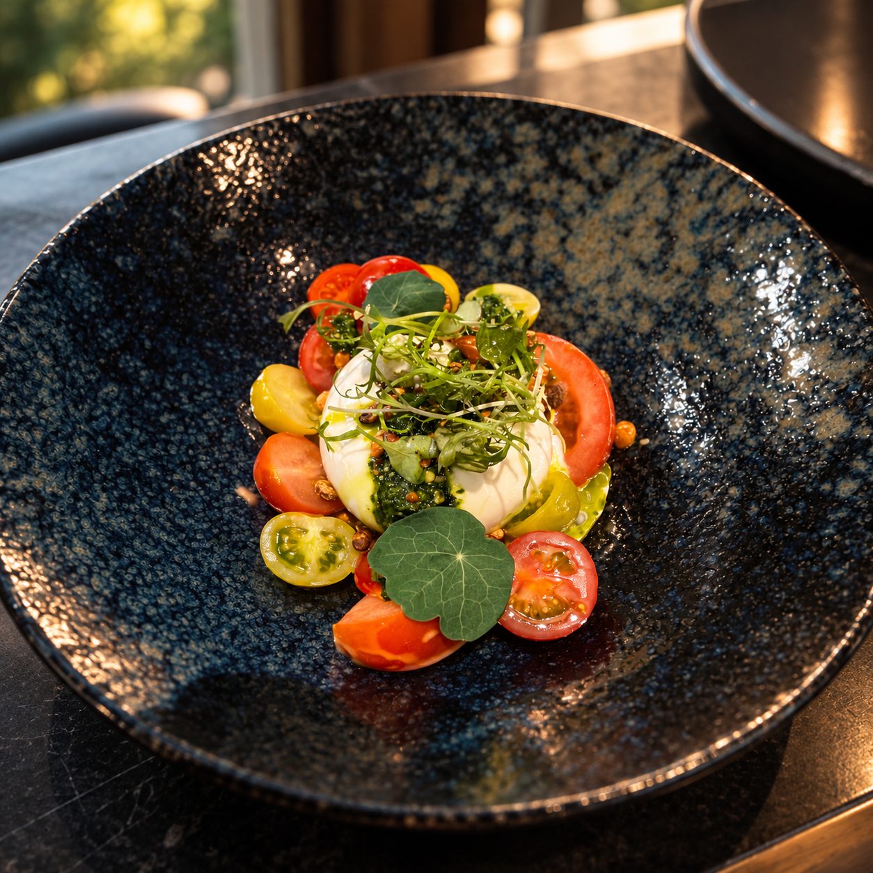 Burrata with colourful tomatoes, herb pesto and nasturtium on a dark glazed plate