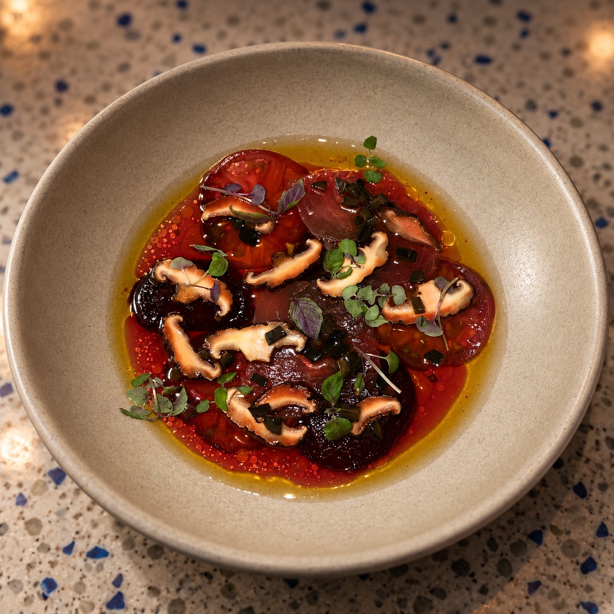 Marinated tuna with beetroot, shiitake mushrooms and micro herbs in a stoneware bowl
