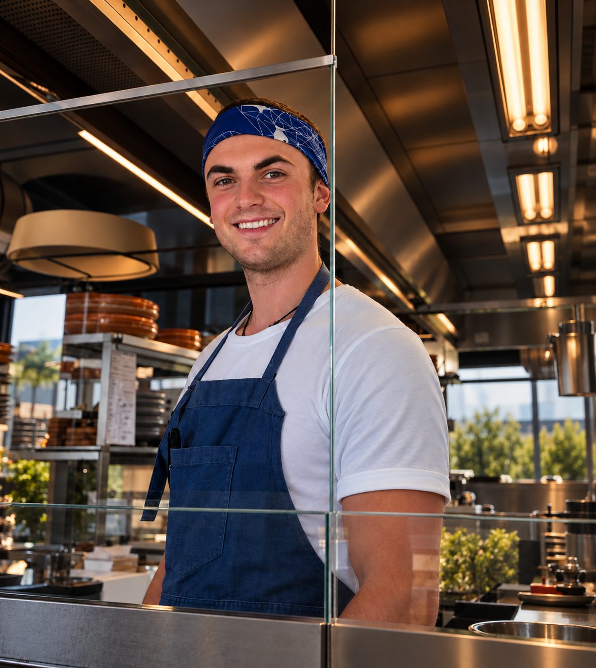 Lewis Pretorius smiling in an open kitchen, wearing a blue apron and bandana